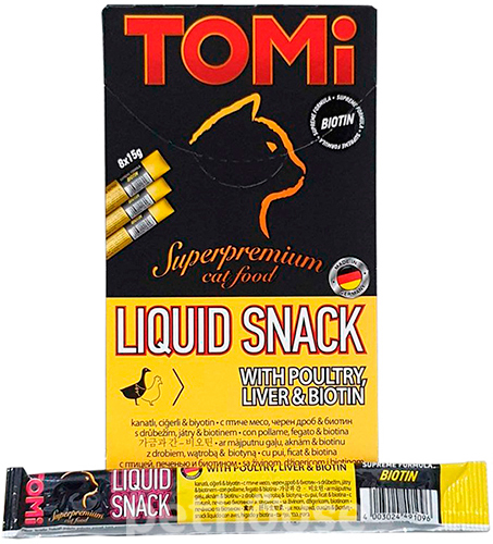 Tomi Liquid Snack с курицей, печенью и биотином для кошек