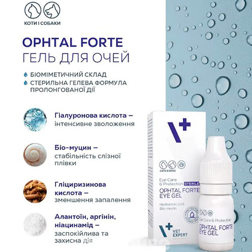 VetExpert Ophtal Forte Eye Gel Гель для увлажнения и поддержания физиологических функций глаз кошек и собак