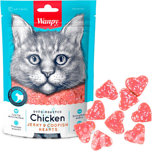 Wanpy Chicken Jerky & Codfish Hearts Сердечки с курицей и треской для кошек