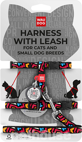 WauCat Nylon Шлея "Граффити" с поводком и QR-паспортом для кошек и собак