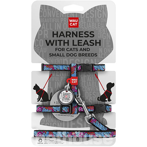 WauCat Nylon Шлея "Літо" з повідцем і QR-паспортом для котів і собак WauCat Nylon Шлея "Літо" з повідцем і QR-паспортом для котів і собак