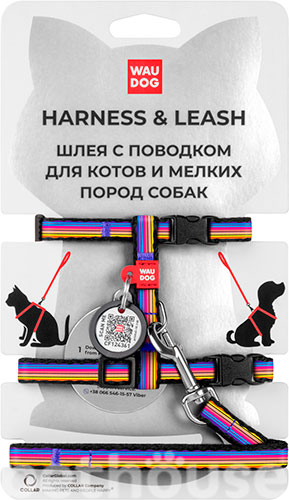 WauCat Nylon Шлея "Линии" с поводком и QR-паспортом для кошек и собак