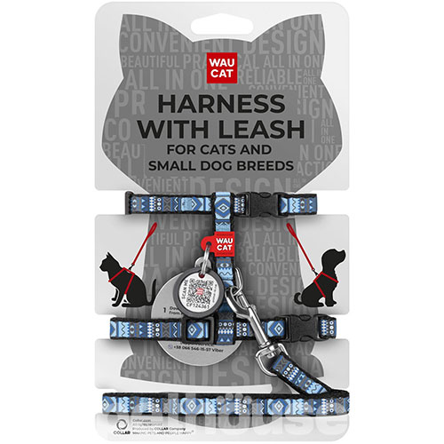 WauCat Nylon Шлея "Етно" з повідцем і QR-паспортом для котів і собак, синя
