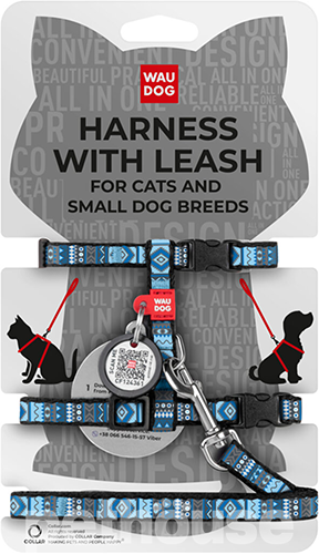 WauCat Nylon Шлея "Етно" з повідцем і QR-паспортом для котів і собак, синя