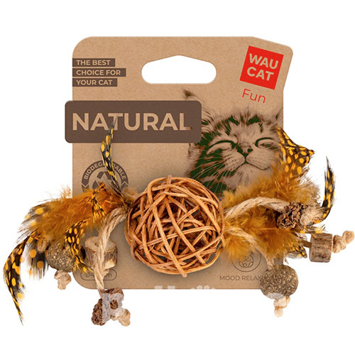 WauCat Fun Natural Плетений м'ячик з мататабі, котячою м'ятою, дзвіночком та пір'ям для котів